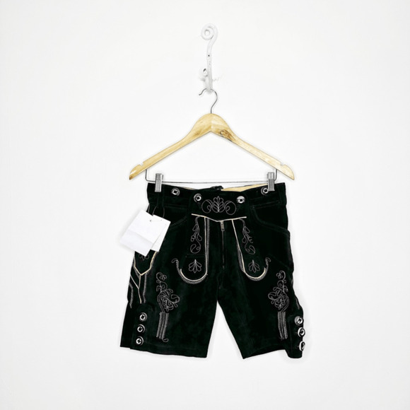 GAUDI LEATHERS Lederhose Short Black german suede leather embroidered 34 NWT - Picture 1 of 6